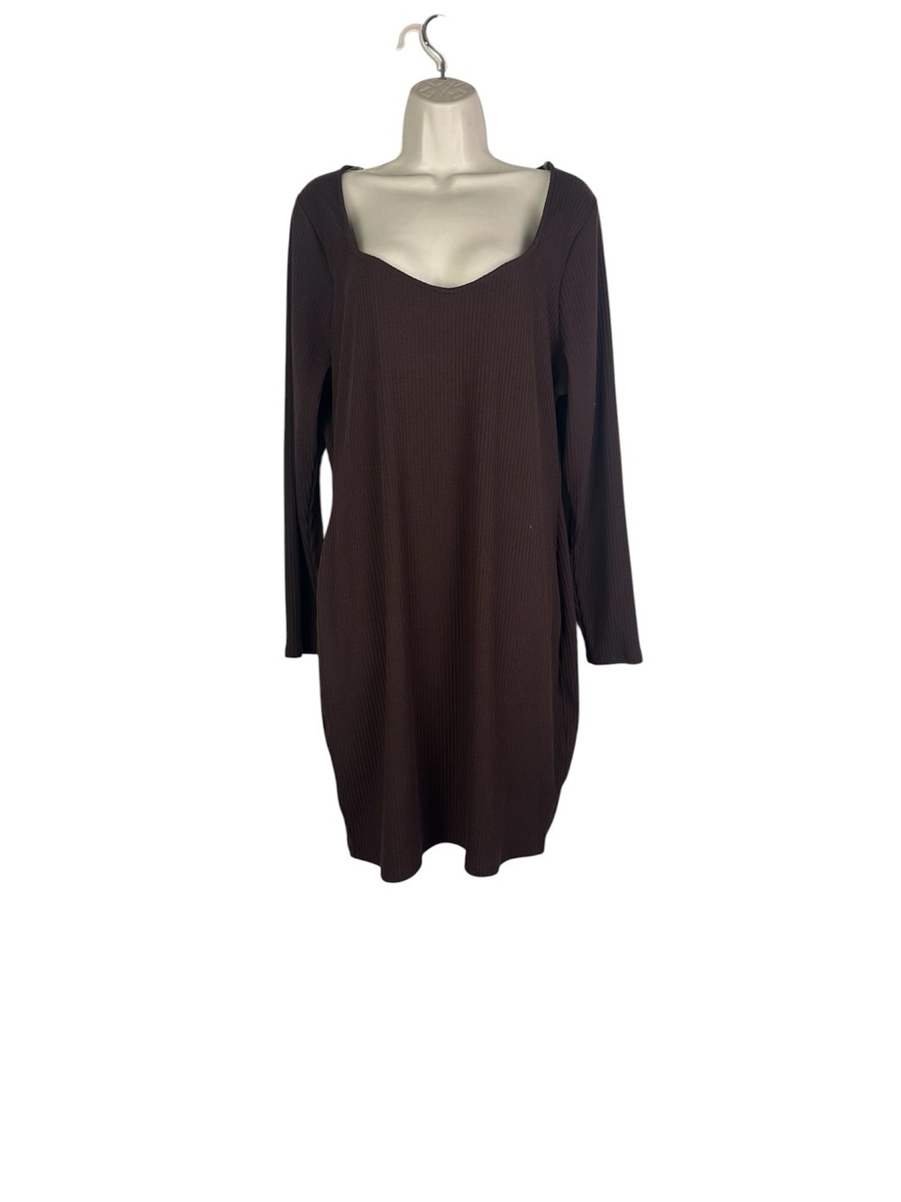 Bar III Chocolate Brown Ribbed Long Sleeve Scoop Neck Dress